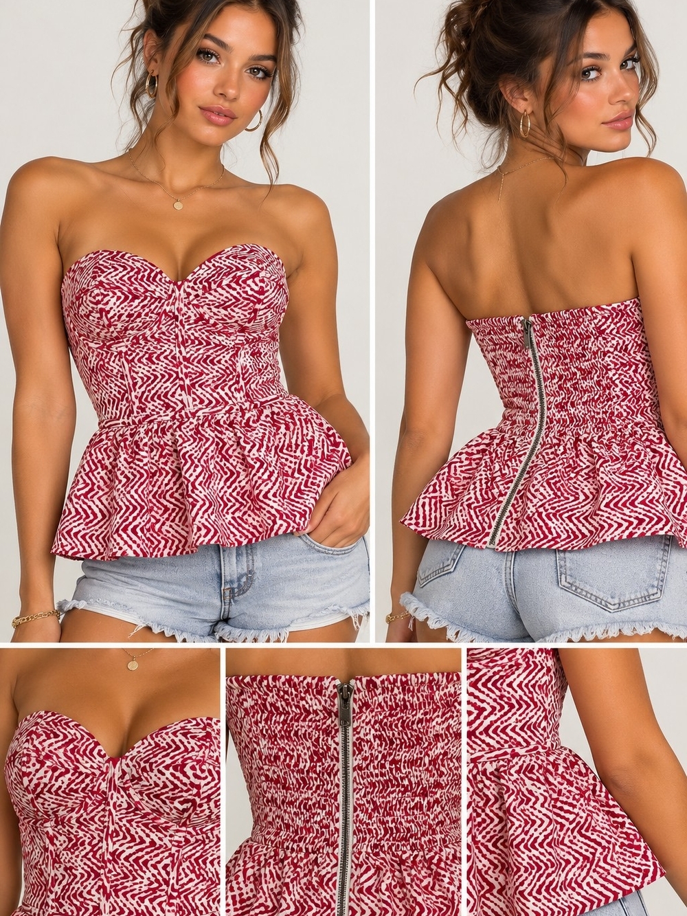 Devlin Strapless Bustier Corset Peplum Top Red White Print Small